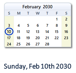 February 10, 2030 calendar