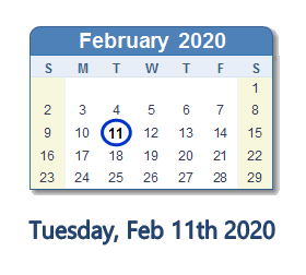 February 11, 2020 calendar