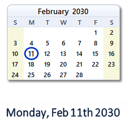 February 11, 2030 calendar