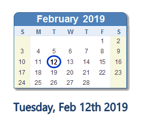 February 12, 2019 calendar