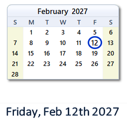 February 12, 2027 calendar
