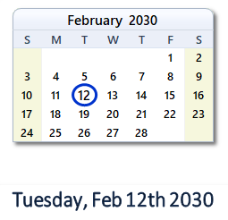 February 12, 2030 calendar