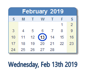 February 13, 2019 calendar