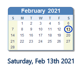 February 13, 2021 calendar