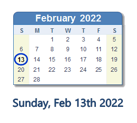 February 13, 2022 calendar