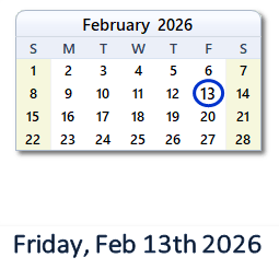 13 February 2026 calendar