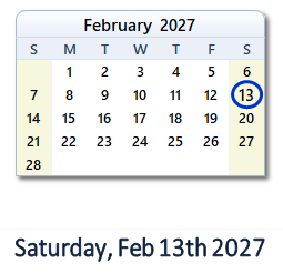 February 13, 2027 calendar