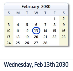 February 13, 2030 calendar