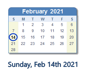 14 February 2021 calendar