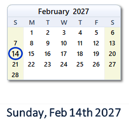February 14, 2027 calendar