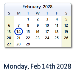 February 14, 2028 calendar