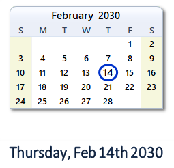 February 14, 2030 calendar