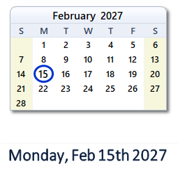 15 February 2027 calendar