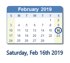 February 16, 2019 calendar