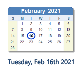 February 16, 2021 calendar
