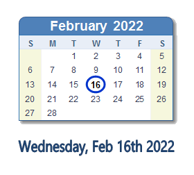 16 February 2022 calendar