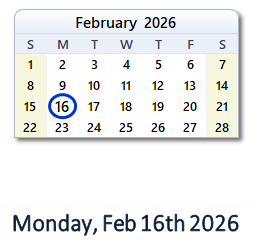 16 February 2026 calendar