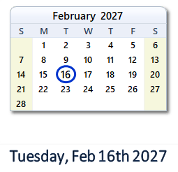 16 February 2027 calendar