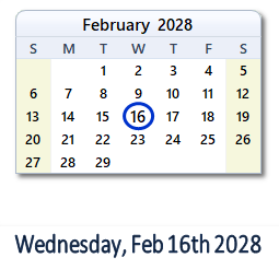 February 16, 2028 calendar