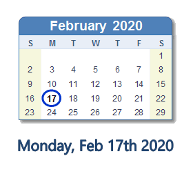 February 17, 2020 calendar