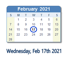 February 17, 2021 calendar