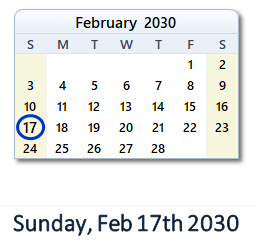 February 17, 2030 calendar