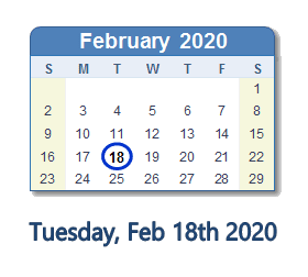 February 18, 2020 calendar