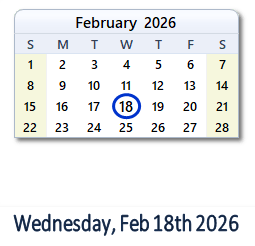 18 February 2026 calendar