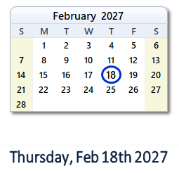 18 February 2027 calendar