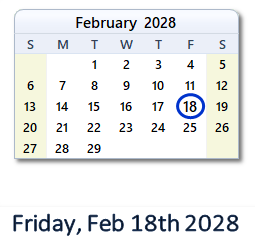February 18, 2028 calendar