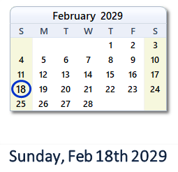 February 18, 2029 calendar