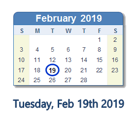 February 19, 2019 calendar
