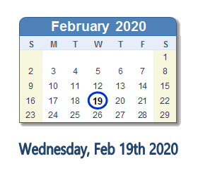 February 19, 2020 calendar