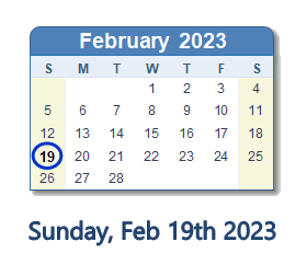 19 February 2023 calendar