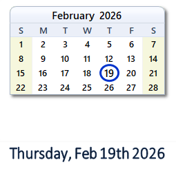 19 February 2026 calendar