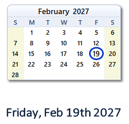 19 February 2027 calendar