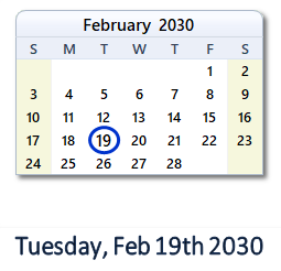 February 19, 2030 calendar