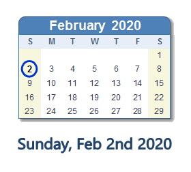 February 2, 2020 calendar
