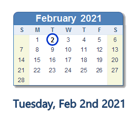 February 2, 2021 calendar