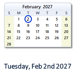 2 February 2027 calendar