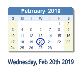 February 20, 2019 calendar