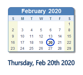 February 20, 2020 calendar