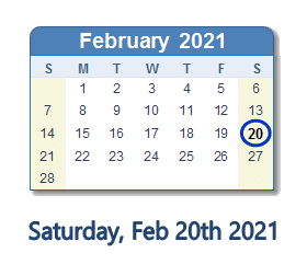 February 20, 2021 calendar