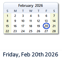 20 February 2026 calendar