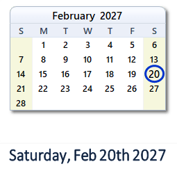 February 20, 2027 calendar