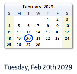 February 20, 2029 calendar