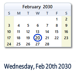 February 20, 2030 calendar