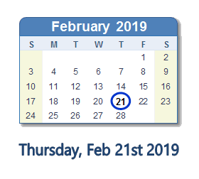 February 21, 2019 calendar