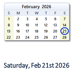 21 February 2026 calendar