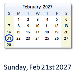 February 21, 2027 calendar